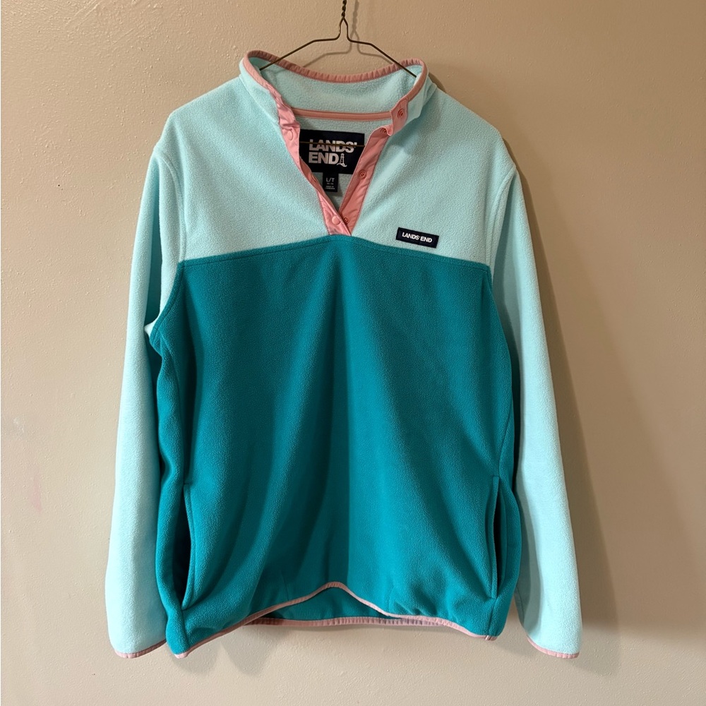 Lands' End Heritage Fleece Snap Neck Pullover Color-block Womens size Large tall